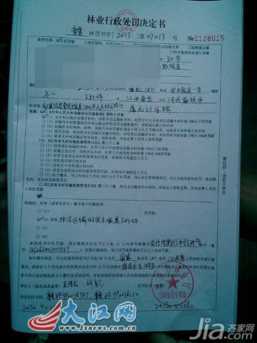 网友刘志军拍下的处罚决定书照片