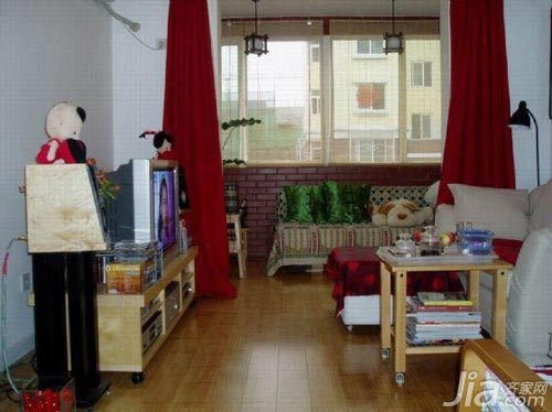 一居室装修,客厅,厨房,简约风格,阳台,新房装修,50平米装修,40平米装修,3万以下装修,3万-5万装修,经济型装修,客厅,简洁,沙发,茶几,窗帘,灯具,电视柜