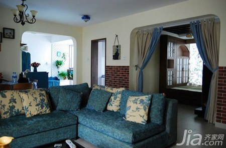 二居室装修,地中海风格,婚房,80平米装修,10-15万装修,富裕型装修,客厅,沙发,蓝色,温馨