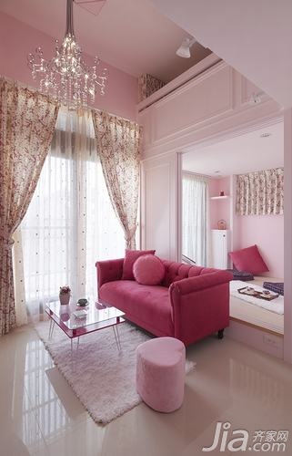 一居室装修,混搭风格,10-15万装修,客厅,粉色,可爱,沙发,茶几,窗帘,灯具,沙发背景墙