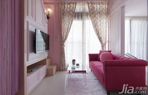 一居室装修,混搭风格,10-15万装修,客厅,粉色,可爱,沙发,窗帘,电视背景墙