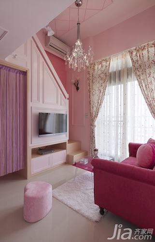 一居室装修,混搭风格,10-15万装修,客厅,粉色,可爱,沙发,茶几,窗帘,灯具,电视背景墙