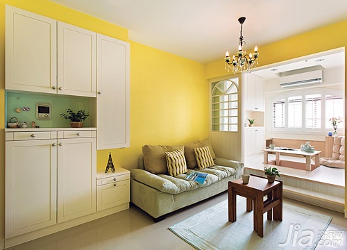 美式乡村风格,一居室装修,60平米装修,沙发,茶几,地台,橱柜,客厅,黄色