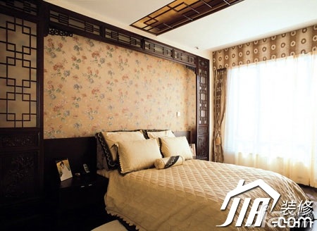 中式风格,110平米装修,复式装修,15-20万装修,卧室,卧室背景墙,床,床头柜,壁纸