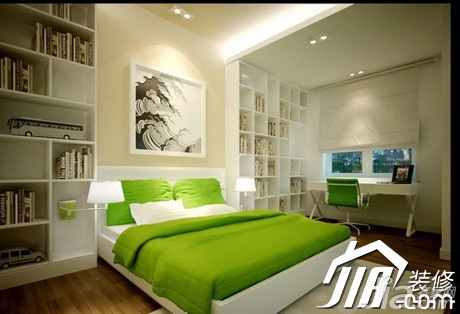 东南亚风格,豪华型装修,140平米以上装修,21万以上装修,别墅装修,卧室,床,装饰画,书架,书桌,简洁,绿色