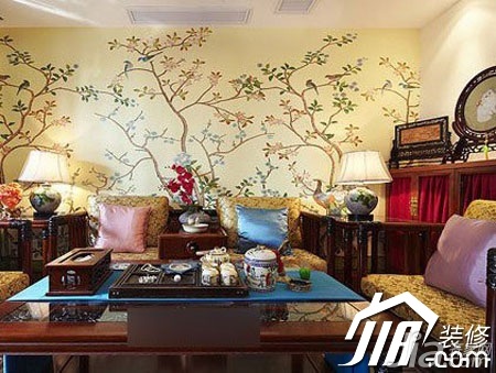 中式风格,二居室装修,3万-5万装修,客厅,沙发,茶几,背景墙
