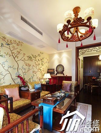 中式风格,二居室装修,3万-5万装修,客厅,沙发,茶几,背景墙,灯具