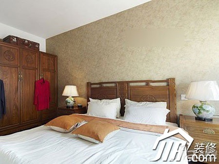 中式风格,二居室装修,3万-5万装修,卧室,床,床头柜,灯具,衣柜