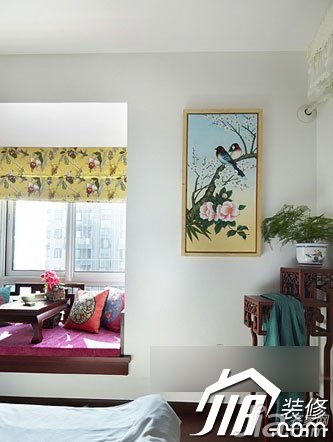 中式风格,二居室装修,3万-5万装修,卧室,飘窗,装饰画