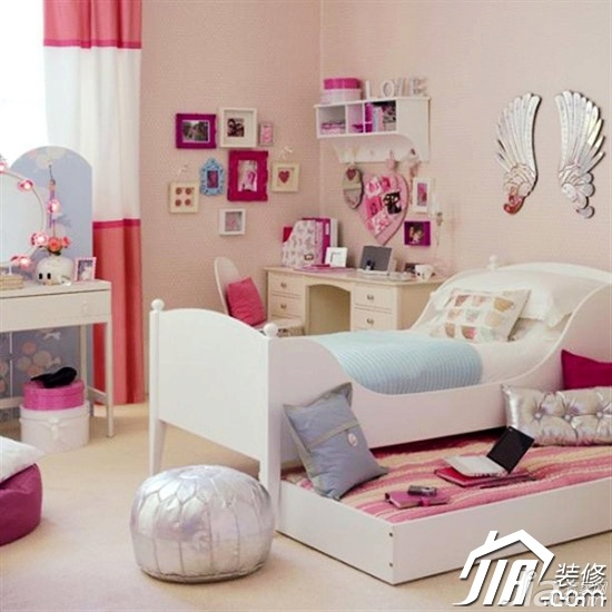 卧室装修,富裕型装修,混搭风格,粉色,卧室,儿童床,卧室背景墙,照片墙,可爱