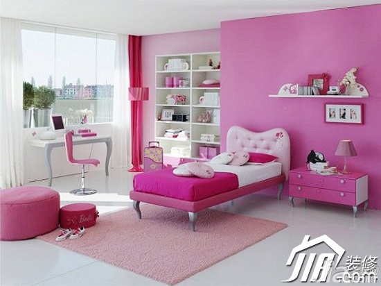 卧室装修,富裕型装修,混搭风格,粉色,儿童房,儿童床,床头柜,书架