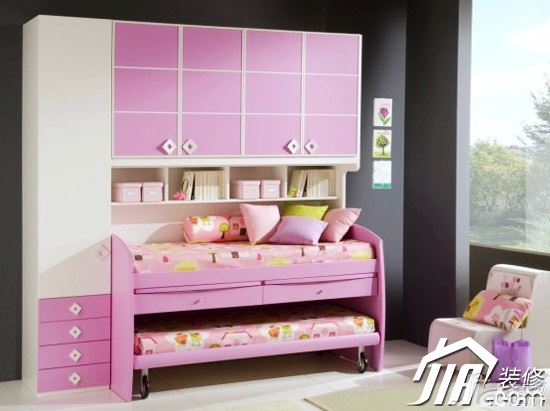 卧室装修,富裕型装修,混搭风格,儿童床,衣柜,粉色,儿童房