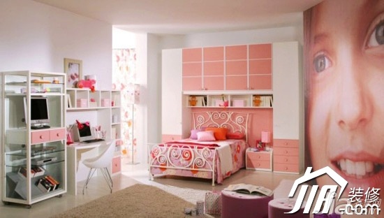 粉色,卧室装修,富裕型装修,混搭风格,书桌,书架,儿童床,卧室背景墙,儿童房