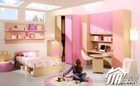 卧室装修,富裕型装修,混搭风格,粉色,儿童房,儿童床,书桌