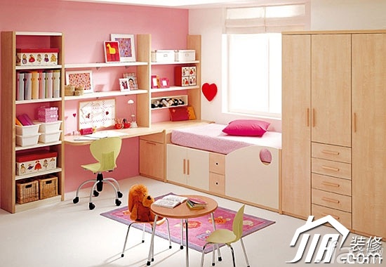 卧室装修,富裕型装修,混搭风格,粉色,儿童房,儿童床,书桌,书架,衣柜