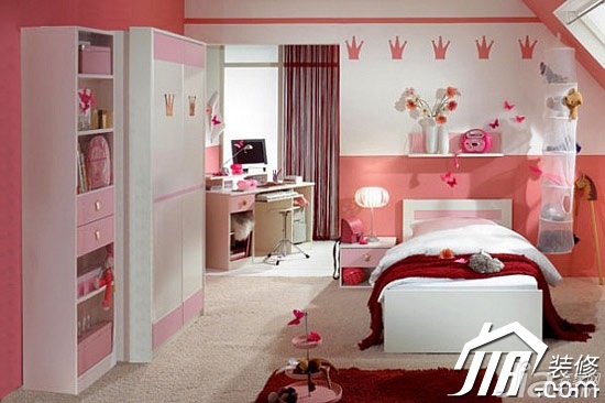 卧室装修,富裕型装修,混搭风格,粉色,儿童房,儿童床,,书桌,衣柜,床头柜,卧室背景墙