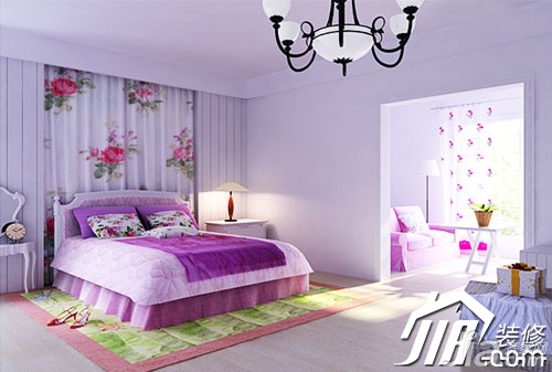 公寓装修,90平米装修,经济型装修,混搭风格,卧室,紫色,浪漫,舒适,床,床头柜,窗帘,灯具,梳妆台,卧室背景墙