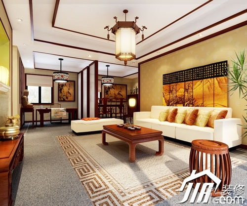 中式风格,新古典风格,富裕型装修,客厅,灯具,装饰画,沙发,茶几