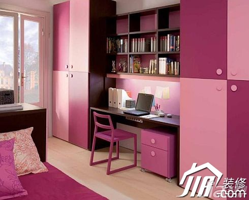 公寓装修,70平米装修,5-10万装修,简约风格,粉色,书架,书桌,衣柜,卧室