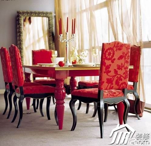 公寓装修,100平米装修,富裕型装修,混搭风格,餐厅,红色,灯具,餐桌,窗帘