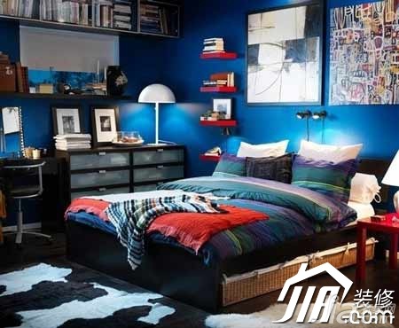 卧室,蓝色,床,书桌,卧室背景墙,灯具
