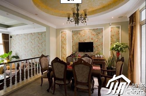 别墅装修,餐厅,餐桌,灯具,壁纸