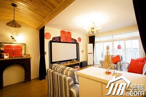 地中海风格,田园风格,公寓装修,90平米装修,客厅,简洁,沙发,茶几,窗帘,灯具,电视背景墙