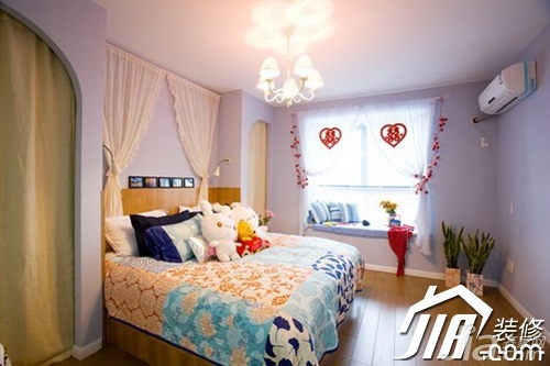 地中海风格,田园风格,公寓装修,90平米装修,卧室,可爱,床,窗帘,灯具,卧室背景墙