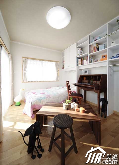 公寓装修,日式风格,富裕型装修,90平米装修,卧室,书桌,书架