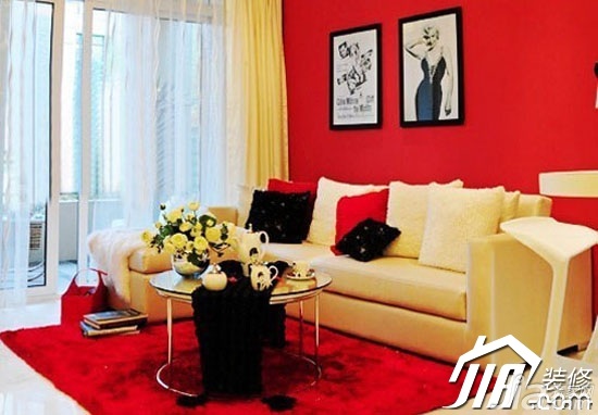 混搭风格,富裕型装修,60平米装修,小户型装修,客厅,红色,沙发,茶几,窗帘,沙发背景墙