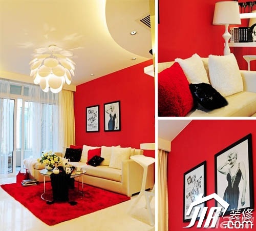 混搭风格,富裕型装修,60平米装修,小户型装修,客厅,红色,沙发,茶几,窗帘,灯具,沙发背景墙