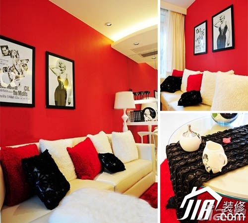 混搭风格,富裕型装修,60平米装修,小户型装修,客厅,红色,沙发,窗帘,灯具,沙发背景墙