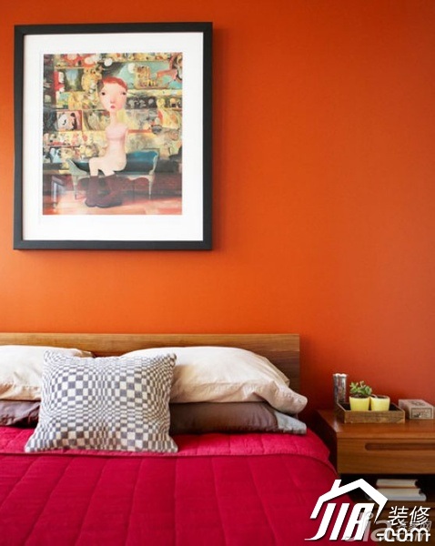 富裕型装修,80平米装修,公寓装修,混搭风格,卧室,床,装饰画,橙色