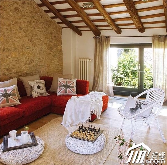 东南亚风格,公寓装修,客厅,红色,沙发,茶几,窗帘,壁纸