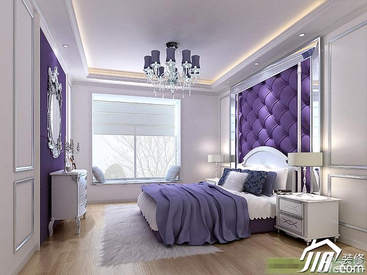 公寓装修,80平米装修,富裕型装修,混搭风格,卧室,紫色,床,床头柜,灯具,飘窗,床头软包