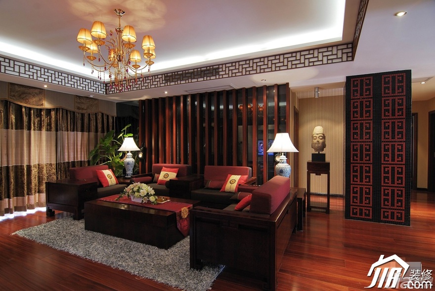 中式风格,富裕型装修,110平米装修,公寓装修,客厅,民族风,沙发,茶几,窗帘,灯具