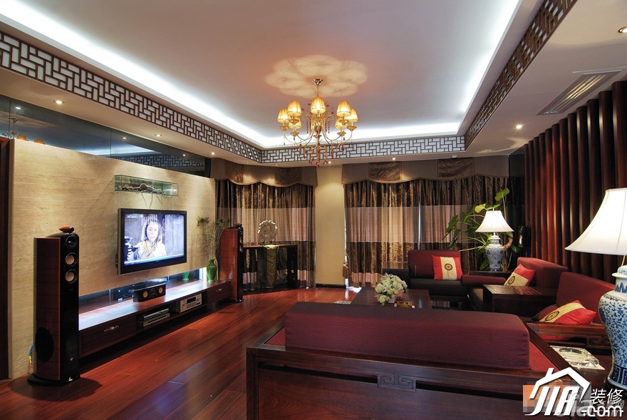 中式风格,富裕型装修,110平米装修,公寓装修,客厅,民族风,沙发,茶几,窗帘,灯具,电视背景墙