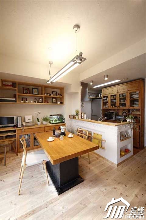 公寓装修,90平米装修,富裕型装修,日式风格,餐厅,餐桌,厨房,橱柜,灯具 