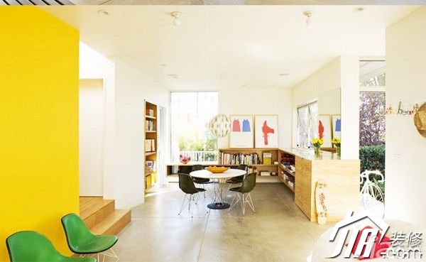 公寓装修,黄色,餐厅,餐桌,厨房,橱柜,灯具 