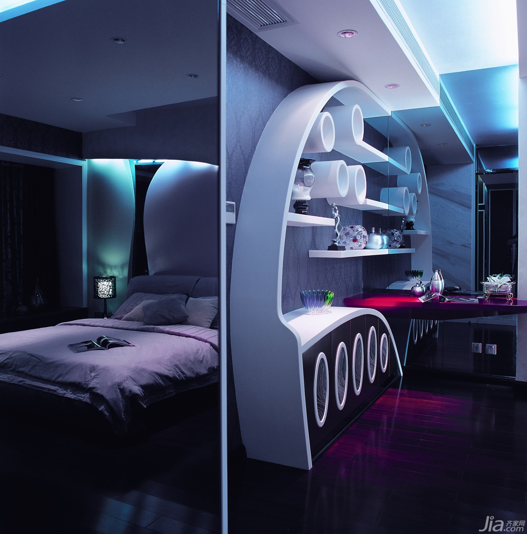 公寓装修,豪华型装修,混搭风格,卧室,紫色,梦幻,床,灯具