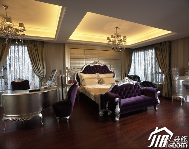 混搭风格,豪华型装修,四房装修,卧室,床,紫色,灯具,浪漫
