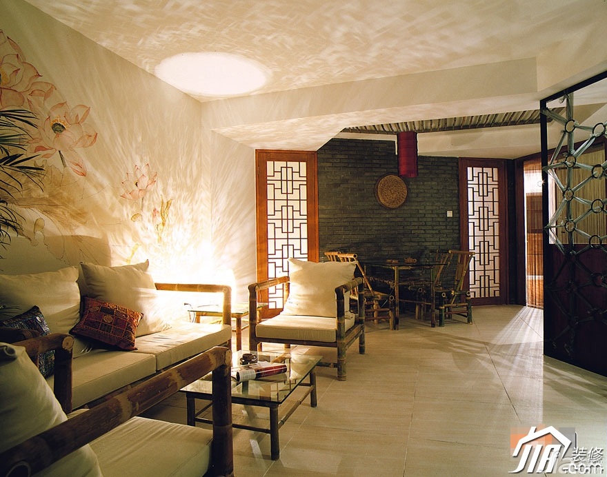 公寓装修,富裕型装修,中式风格,110平米装修,客厅,民族风,沙发,茶几,壁纸,灯具