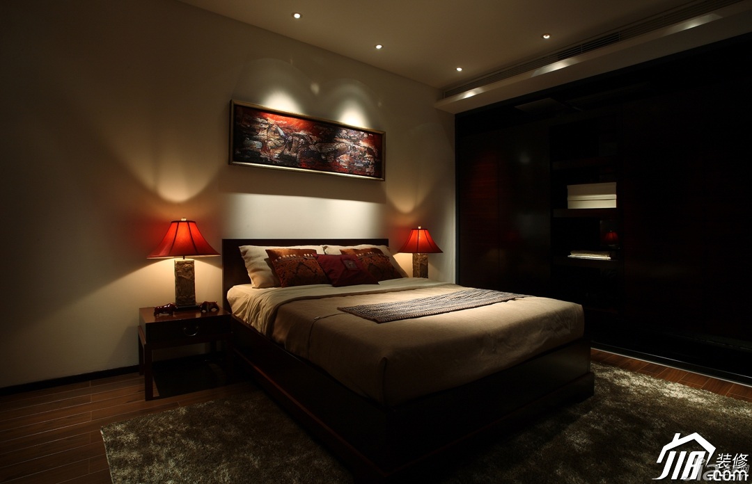中式风格,豪华型装修,别墅装修,卧室,梦幻,床,床头柜,灯具
