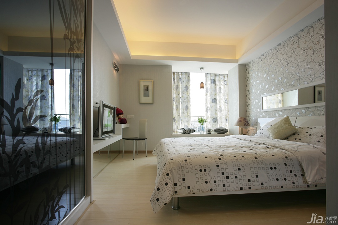 中式风格,简约风格,富裕型装修,公寓装修,卧室,床,床头柜,舒适,壁纸