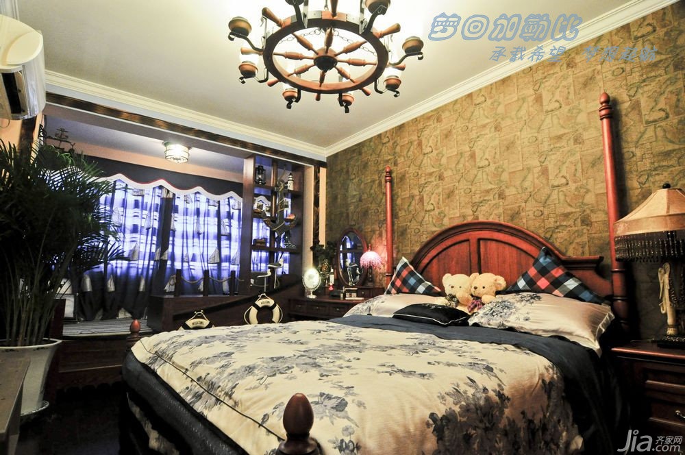 富裕型装修,地中海风格,80平米装修,小户型装修,卧室,床,床头柜,灯饰,壁纸 