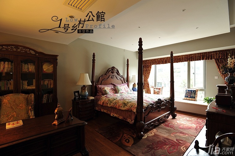 美式乡村风格,原木色装修,别墅装修,140平米以上装修,豪华型装修,奢华,卧室,床,工作区,书架,书桌
