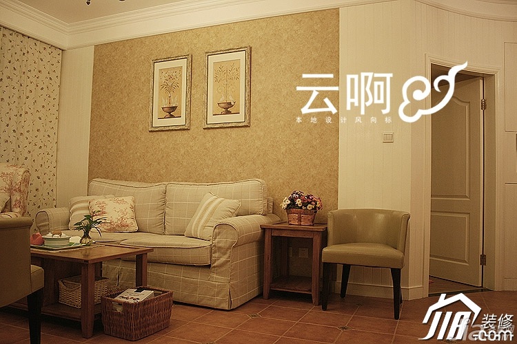 富裕型装修,二居室装修,田园风格,沙发,装饰画,客厅,壁纸