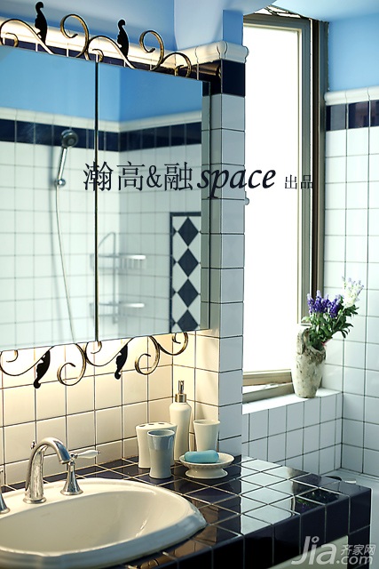 蓝色装修,公寓装修,地中海风格,时尚,富裕型装修,卫生间,洗手台,瀚高&融设计