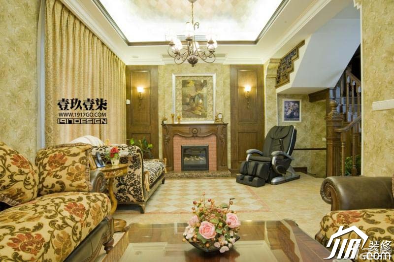 别墅装修,20万以上装修,美式乡村风格,1917室内设计,客厅,灯具,沙发
