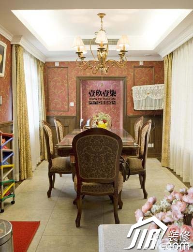 别墅装修,20万以上装修,美式乡村风格,1917室内设计,窗帘,餐厅,餐桌,餐厅背景墙